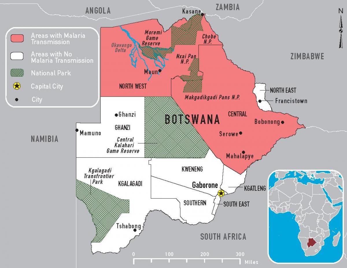 mapa Botswany malárie