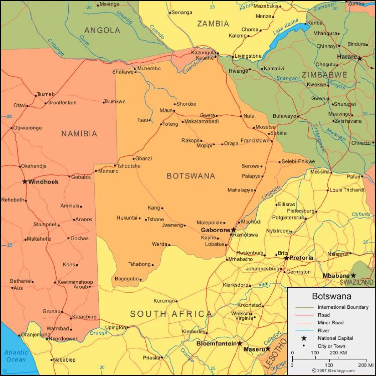 mapa Botswany, zobrazující všechny vesnice