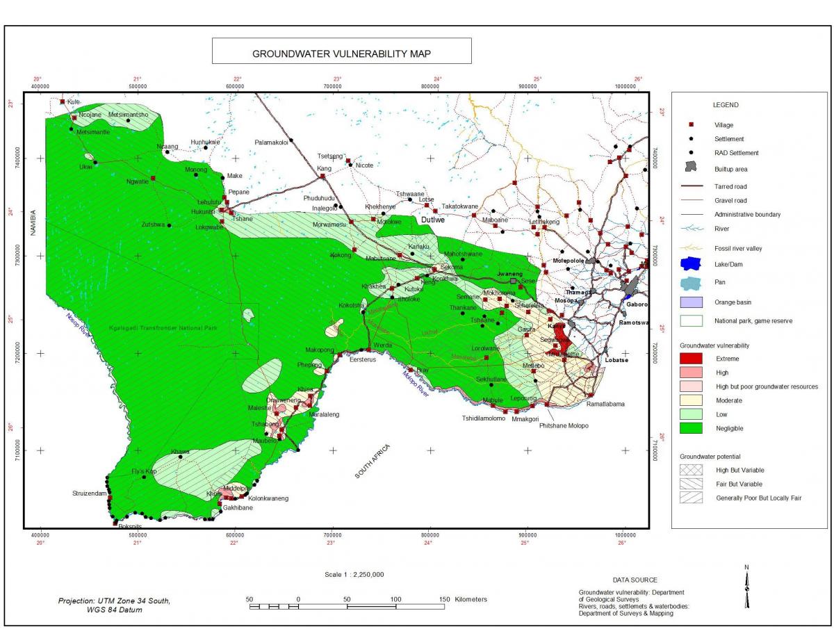 mapa Botswany podzemní vody