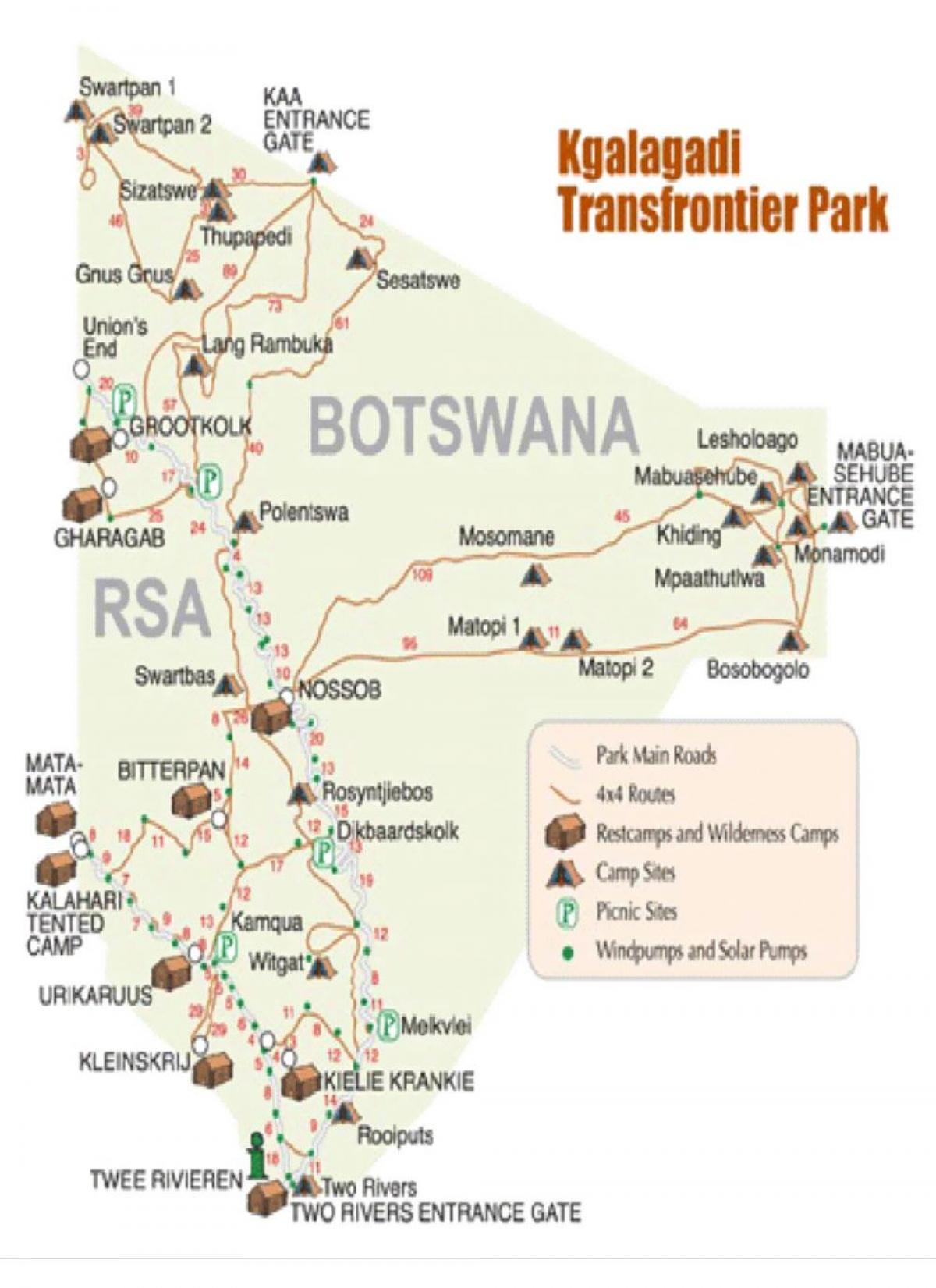 mapa kgalagadi přeshraniční park, Botswana