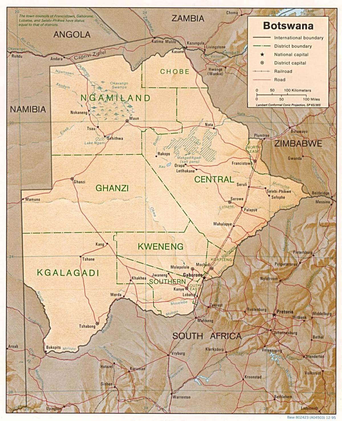 mapa Botswany ukazuje, města a obce