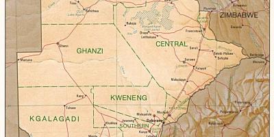Mapa Botswany ukazuje, města a obce